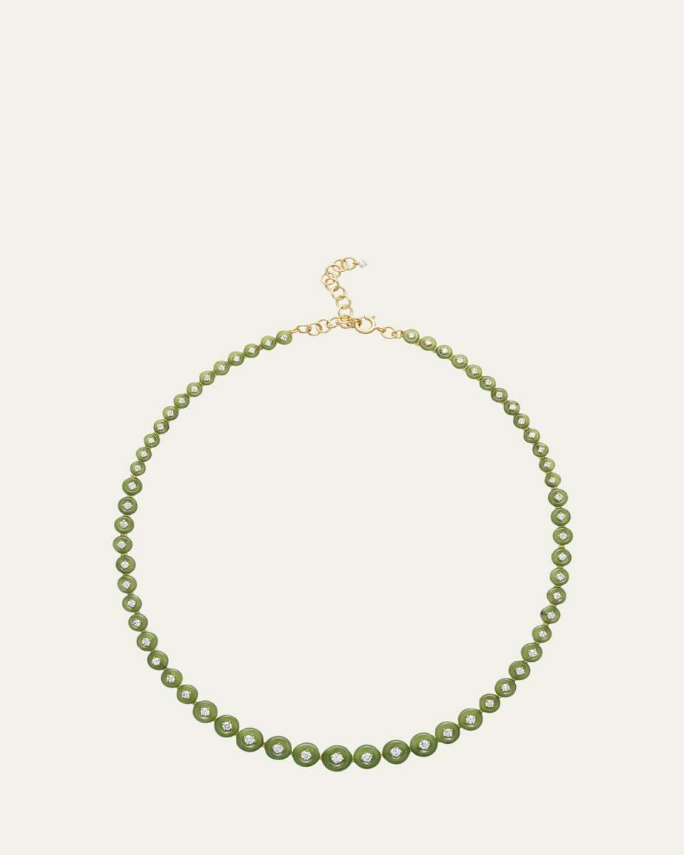 18K Yellow Gold Surrounding Small Necklace with Diamonds and Jade